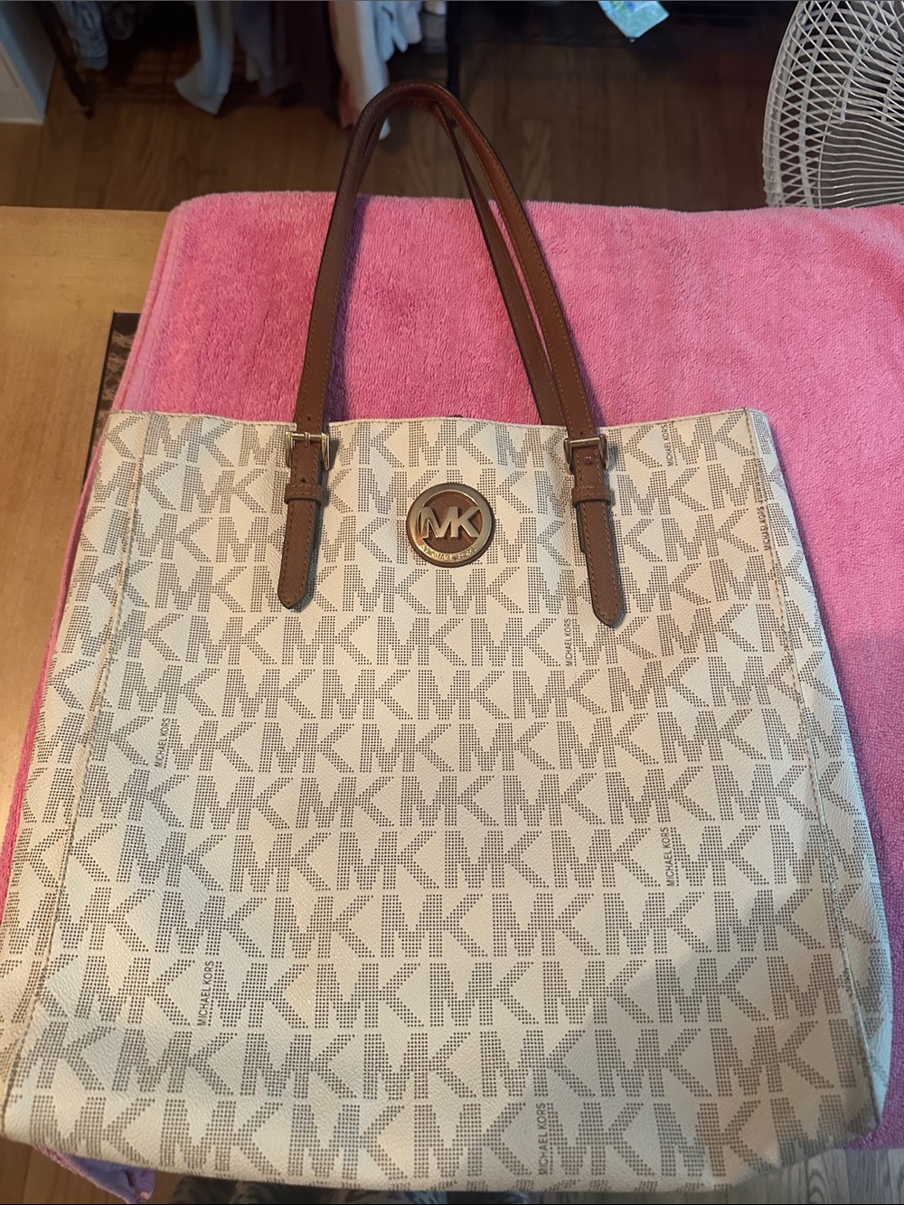 Michael Kors Cream Logo Tote with Brown Straps